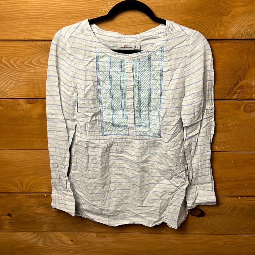 Vineyard Vines Womens Top LS 4 Blue Beach Stripe Embroidered Popover‎ Linen Y2K